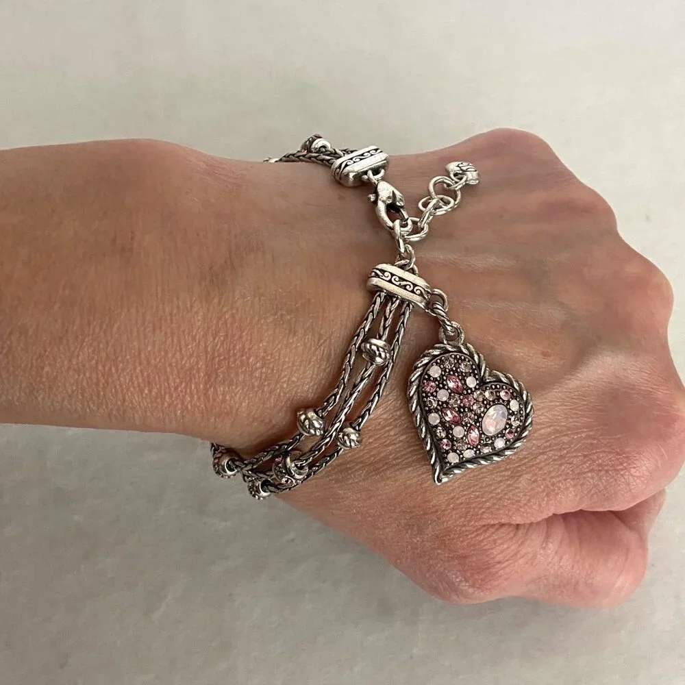Brighton Power Of Pink Crystal Heart Charm 3 Strand Breast Cancer Bracelet